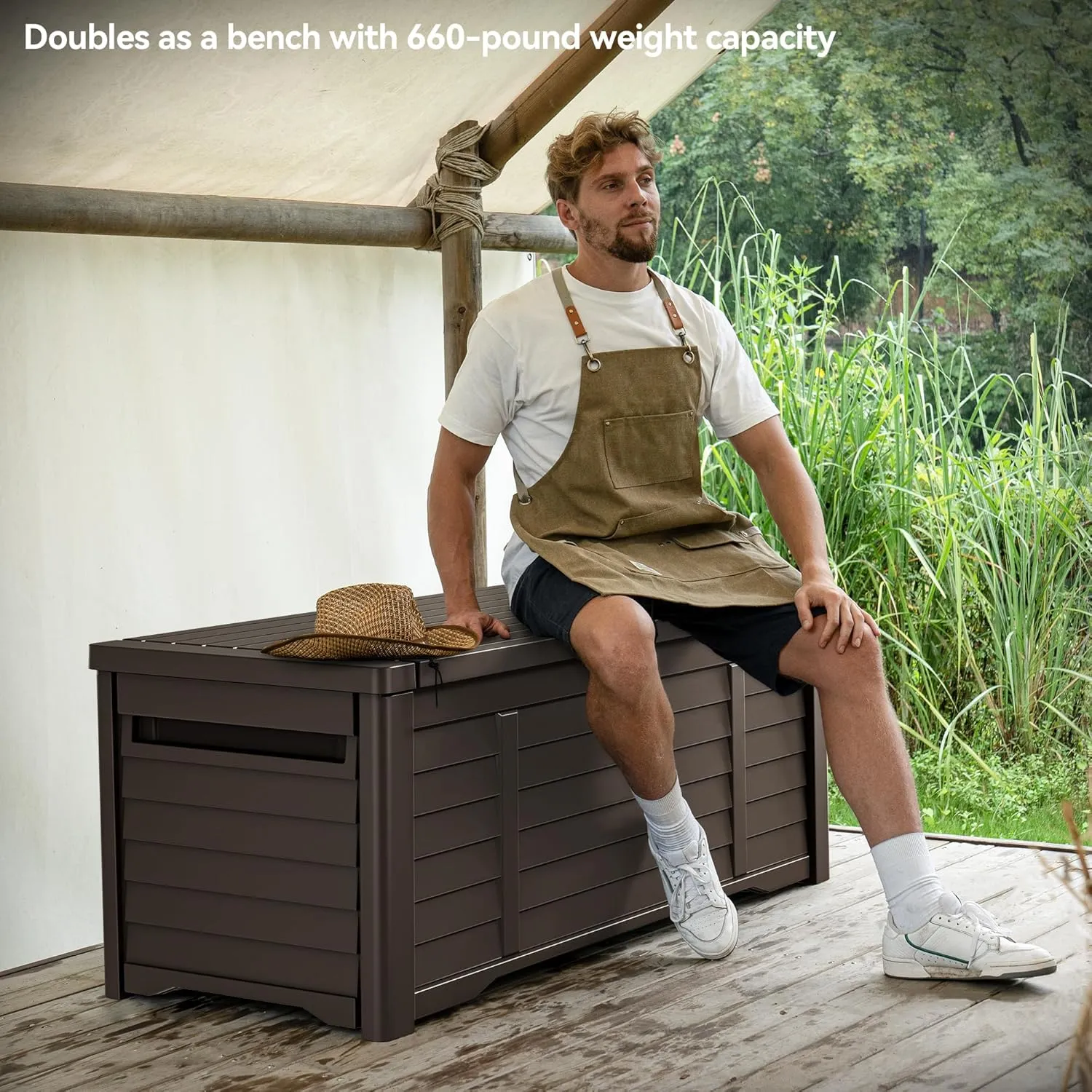 DWVO Large Deck Box 120 Gallon Waterproof Outdoor Storage Box, Extra Large Outdoor Bin, Resin Louvered Patio Storage for Pillows, Garden Tools & Pool Supplies, Lockable, Dark Brown