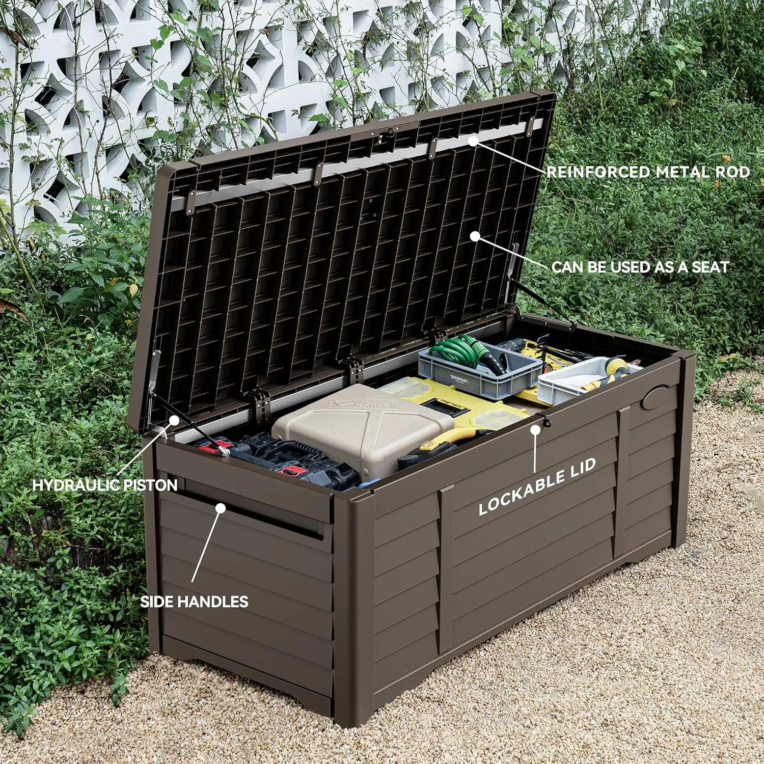DWVO Large Deck Box 120 Gallon Waterproof Outdoor Storage Box, Extra Large Outdoor Bin, Resin Louvered Patio Storage for Pillows, Garden Tools & Pool Supplies, Lockable, Dark Brown