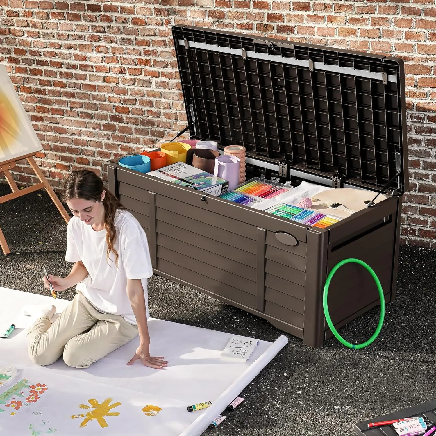 DWVO Large Deck Box 120 Gallon Waterproof Outdoor Storage Box, Extra Large Outdoor Bin, Resin Louvered Patio Storage for Pillows, Garden Tools & Pool Supplies, Lockable, Dark Brown