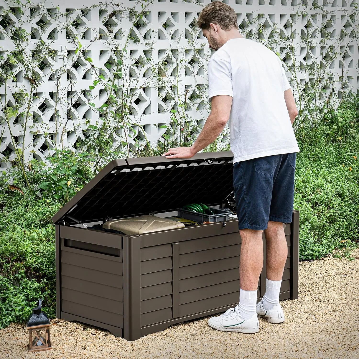 DWVO Large Deck Box 120 Gallon Waterproof Outdoor Storage Box, Extra Large Outdoor Bin, Resin Louvered Patio Storage for Pillows, Garden Tools & Pool Supplies, Lockable, Dark Brown