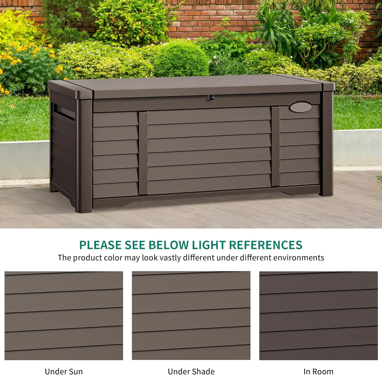 DWVO Large Deck Box 120 Gallon Waterproof Outdoor Storage Box, Extra Large Outdoor Bin, Resin Louvered Patio Storage for Pillows, Garden Tools & Pool Supplies, Lockable, Dark Brown