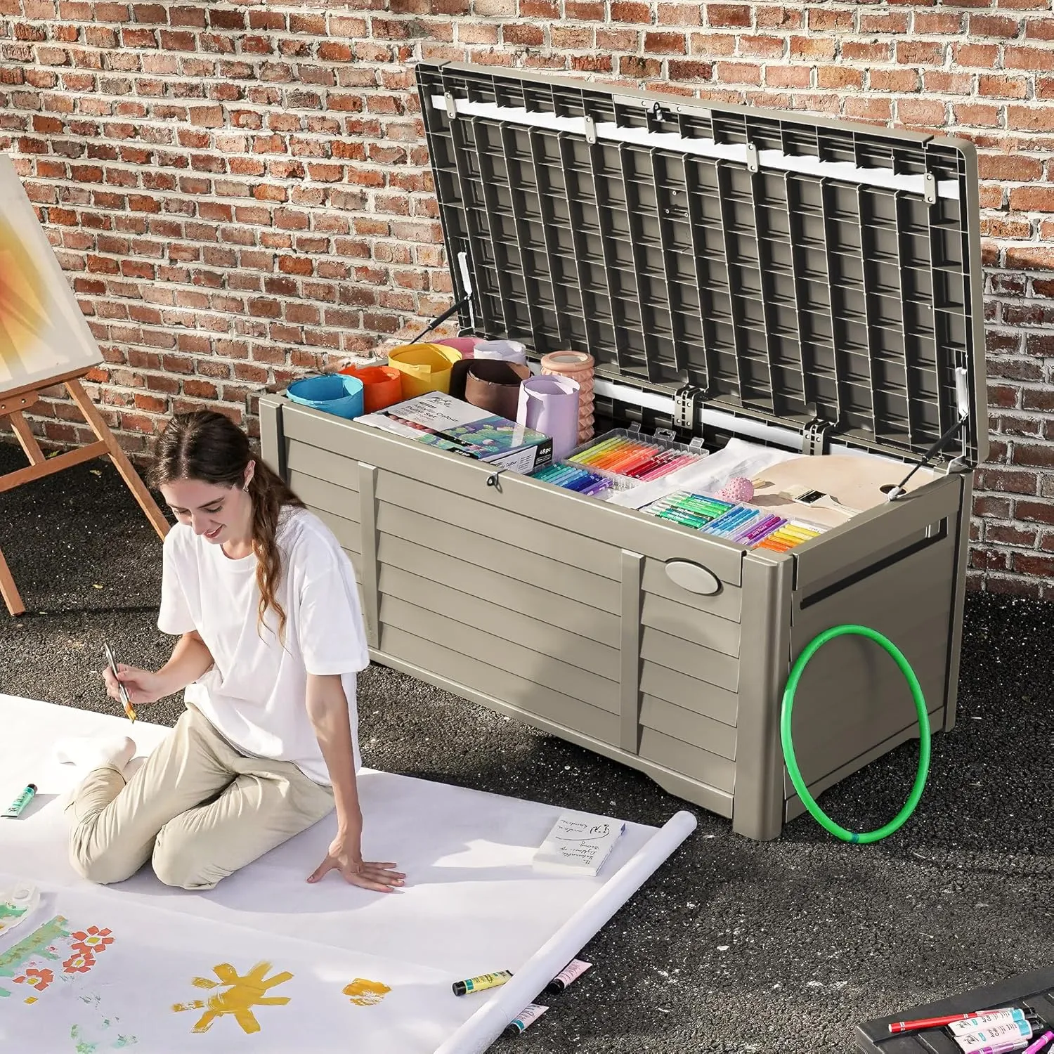 DWVO Large Deck Box 120 Gallon Waterproof Outdoor Storage Box, Extra Large Storage Bin, Resin Louvered Patio Storage for Pillows, Garden Tools & Pool Supplies, Lockable, Light Brown