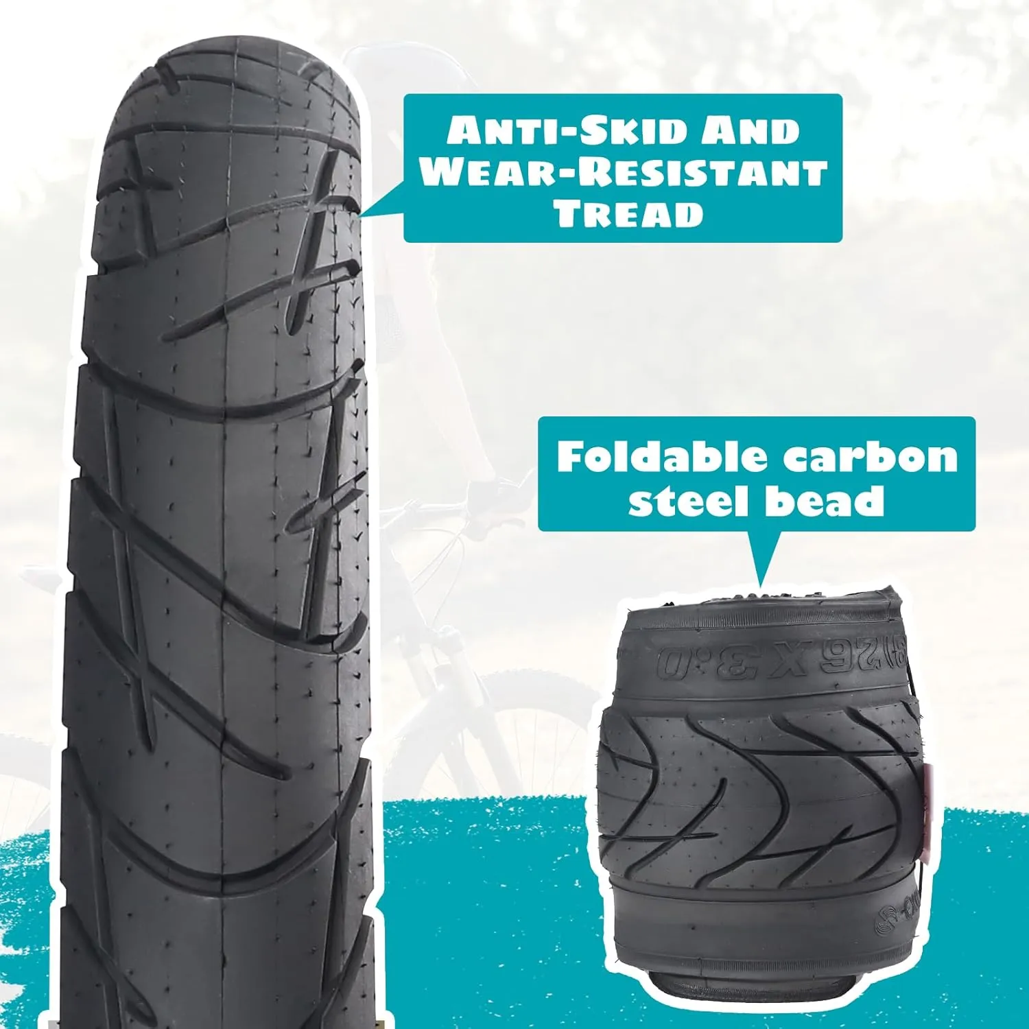 E Bike Fat tire 26 x 3 Fat tire Heavy Duty High-Performance Wear-Resistant E-Bike Mountain Snow Bike Tire with Tubes，1/2pack，Black