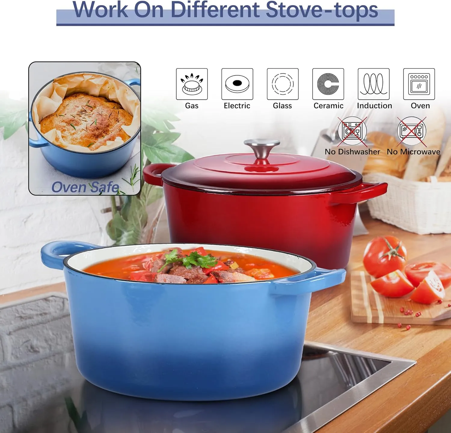 E-far 7QT Enameled Dutch Oven, Cast Iron Dutch Oven Pot with Lid for Cooking/Bread Baking/Braising/Roasting/Stewing, Heavy Duty Round Nonstick Cookware Safe for Induction & Oven - Blue