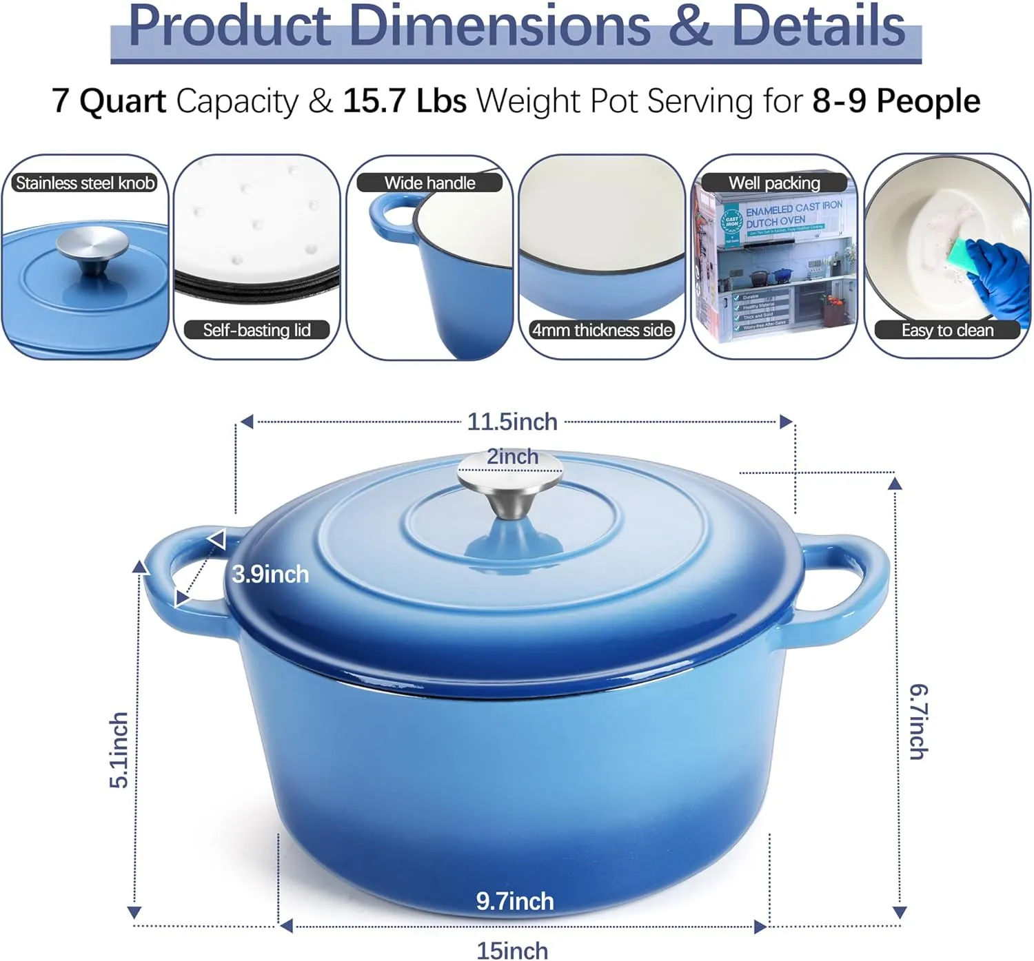 E-far 7QT Enameled Dutch Oven, Cast Iron Dutch Oven Pot with Lid for Cooking/Bread Baking/Braising/Roasting/Stewing, Heavy Duty Round Nonstick Cookware Safe for Induction & Oven - Blue