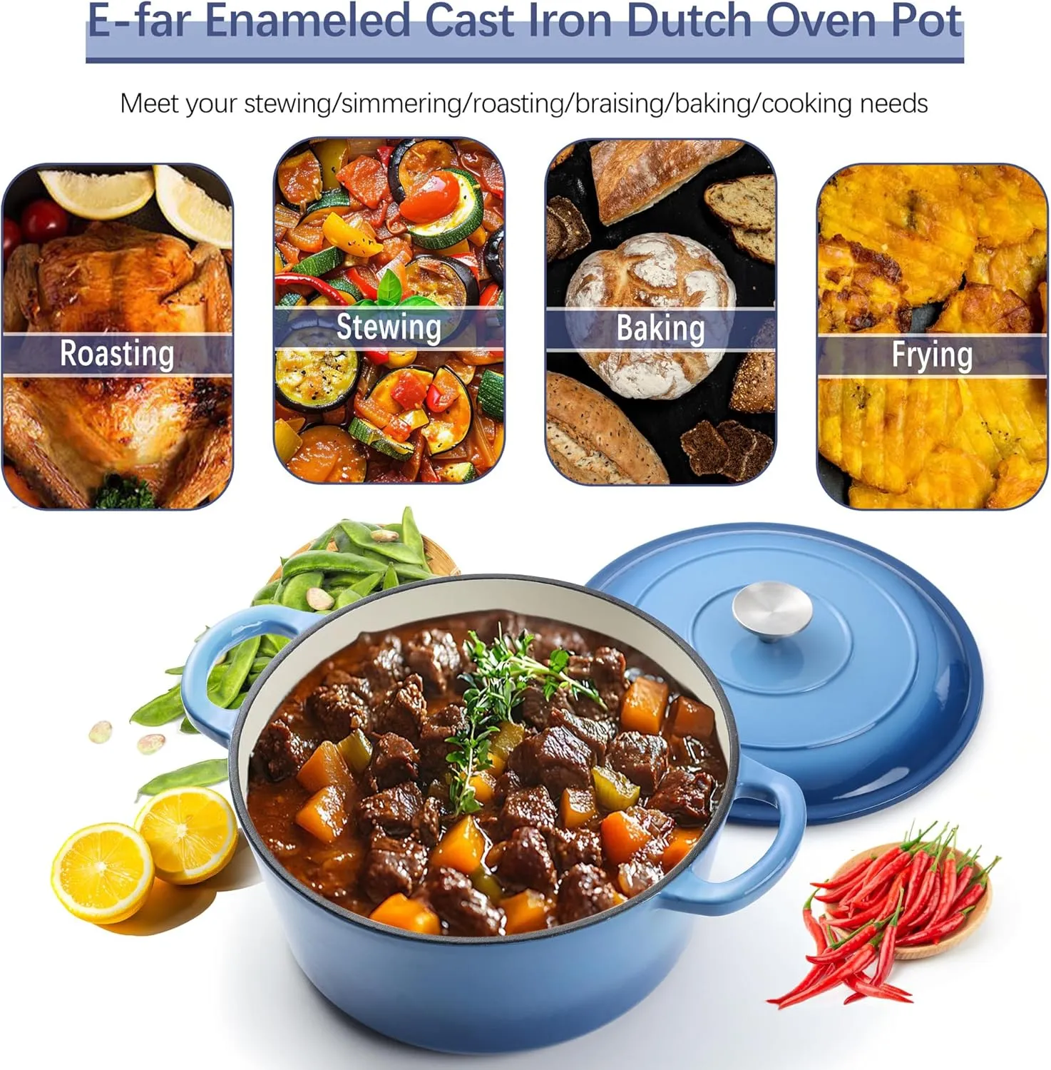 E-far 7QT Enameled Dutch Oven, Cast Iron Dutch Oven Pot with Lid for Cooking/Bread Baking/Braising/Roasting/Stewing, Heavy Duty Round Nonstick Cookware Safe for Induction & Oven - Blue