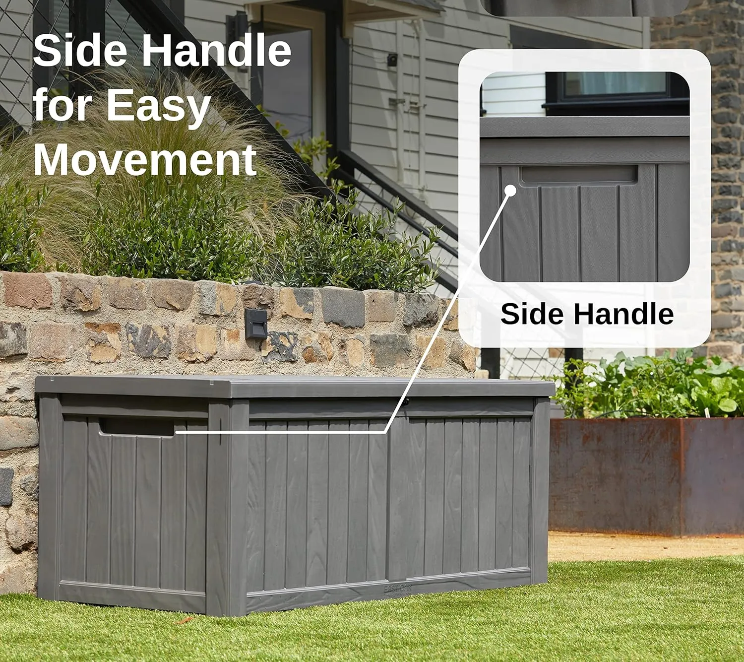 EAST OAK Outdoor Storage Box, 120 Gallon Deck Box with Stainless Steel Rods Large Resin Storage Bin for Patio Cushions, Garden Tools, Waterproof and UV Resistant, Lockable, Grey