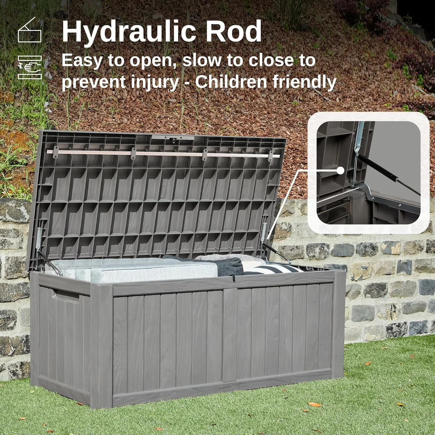 EAST OAK Outdoor Storage Box, 120 Gallon Deck Box with Stainless Steel Rods Large Resin Storage Bin for Patio Cushions, Garden Tools, Waterproof and UV Resistant, Lockable, Grey