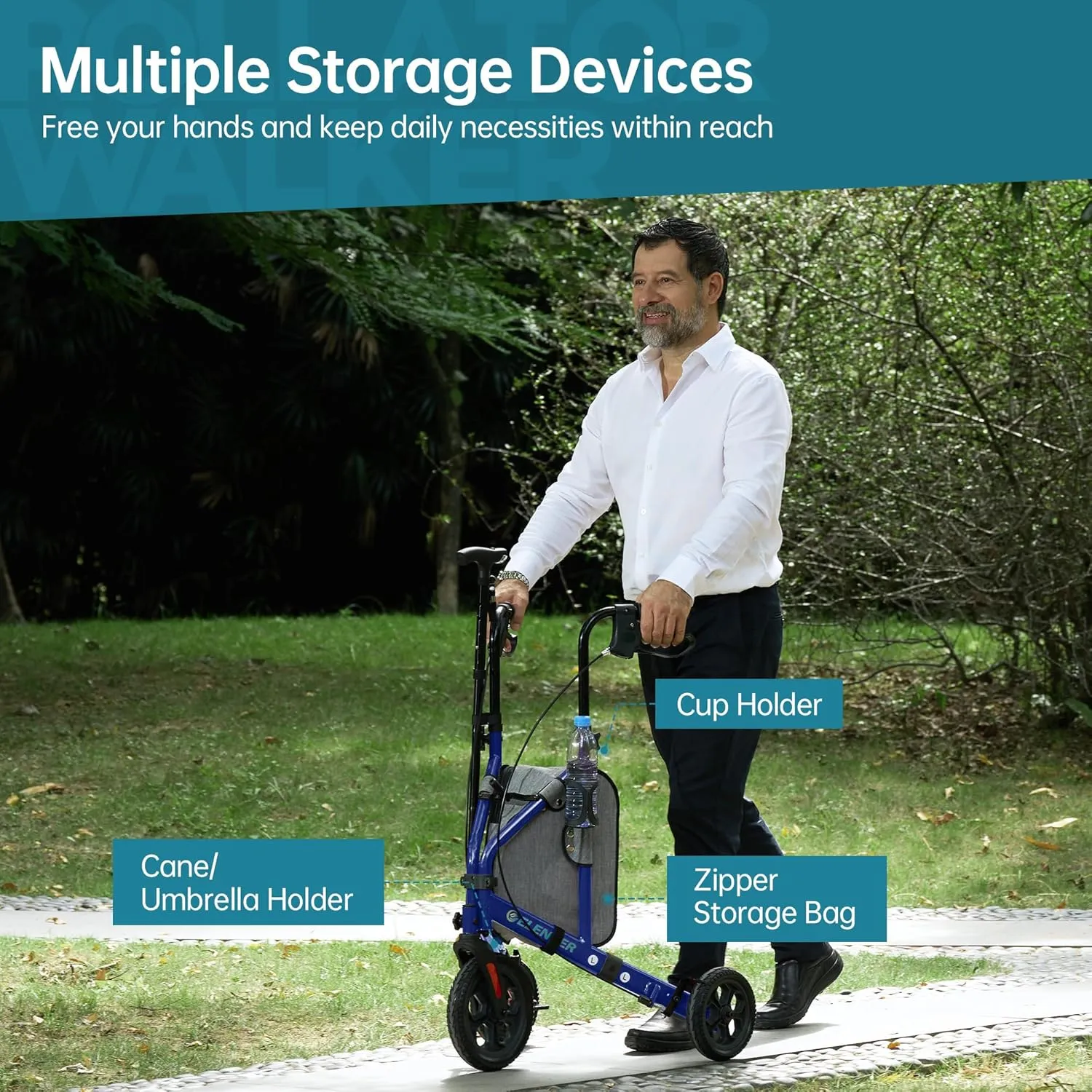 ELENKER All Terrain 3 Wheel Walkers for Seniors, 3 Wheeled Rollator with 10” Wheels, Narrow Walkers for Small Spaces, Compact Folding, Ideal for Traveling, Blue
