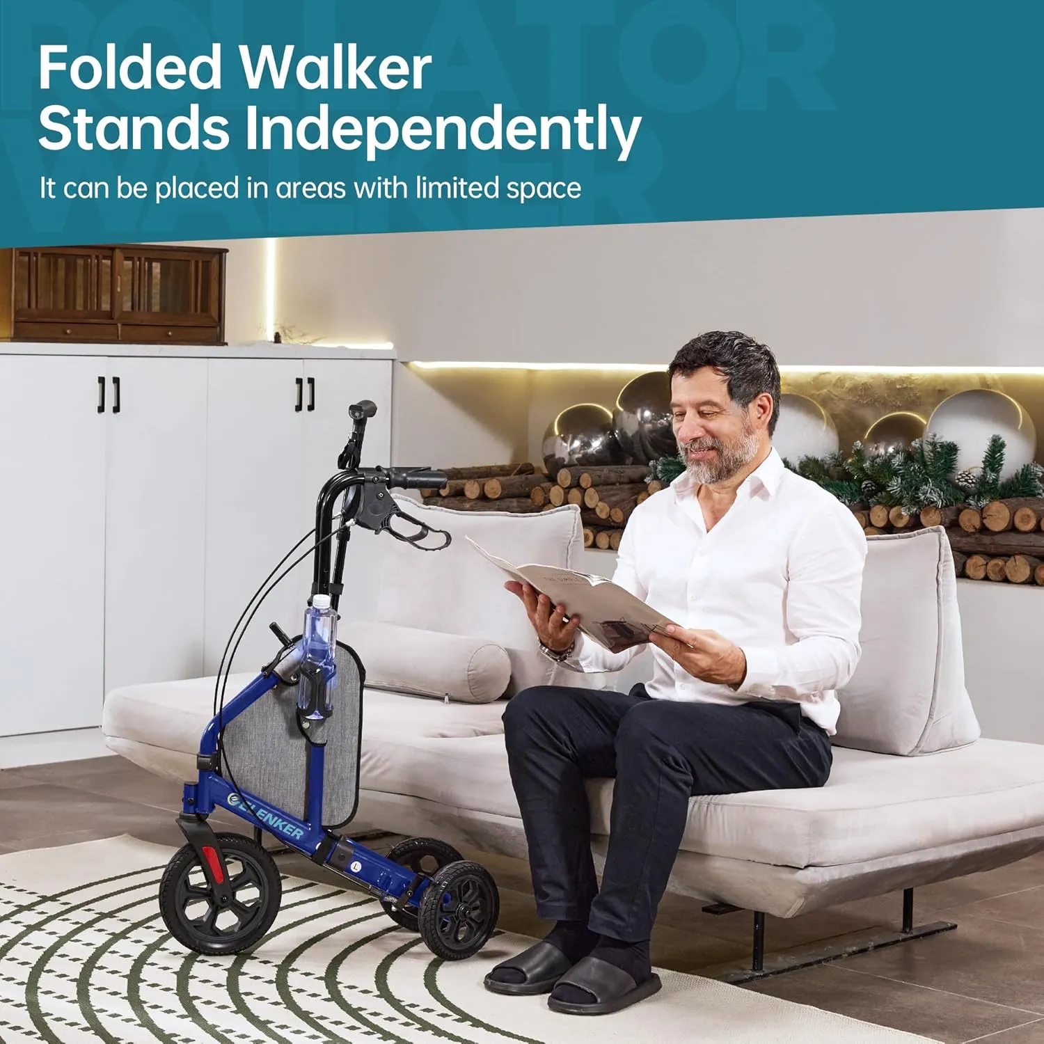 ELENKER All Terrain 3 Wheel Walkers for Seniors, 3 Wheeled Rollator with 10” Wheels, Narrow Walkers for Small Spaces, Compact Folding, Ideal for Traveling, Blue
