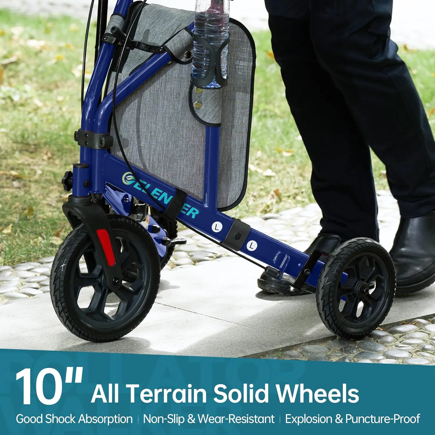 ELENKER All Terrain 3 Wheel Walkers for Seniors, 3 Wheeled Rollator with 10” Wheels, Narrow Walkers for Small Spaces, Compact Folding, Ideal for Traveling, Blue