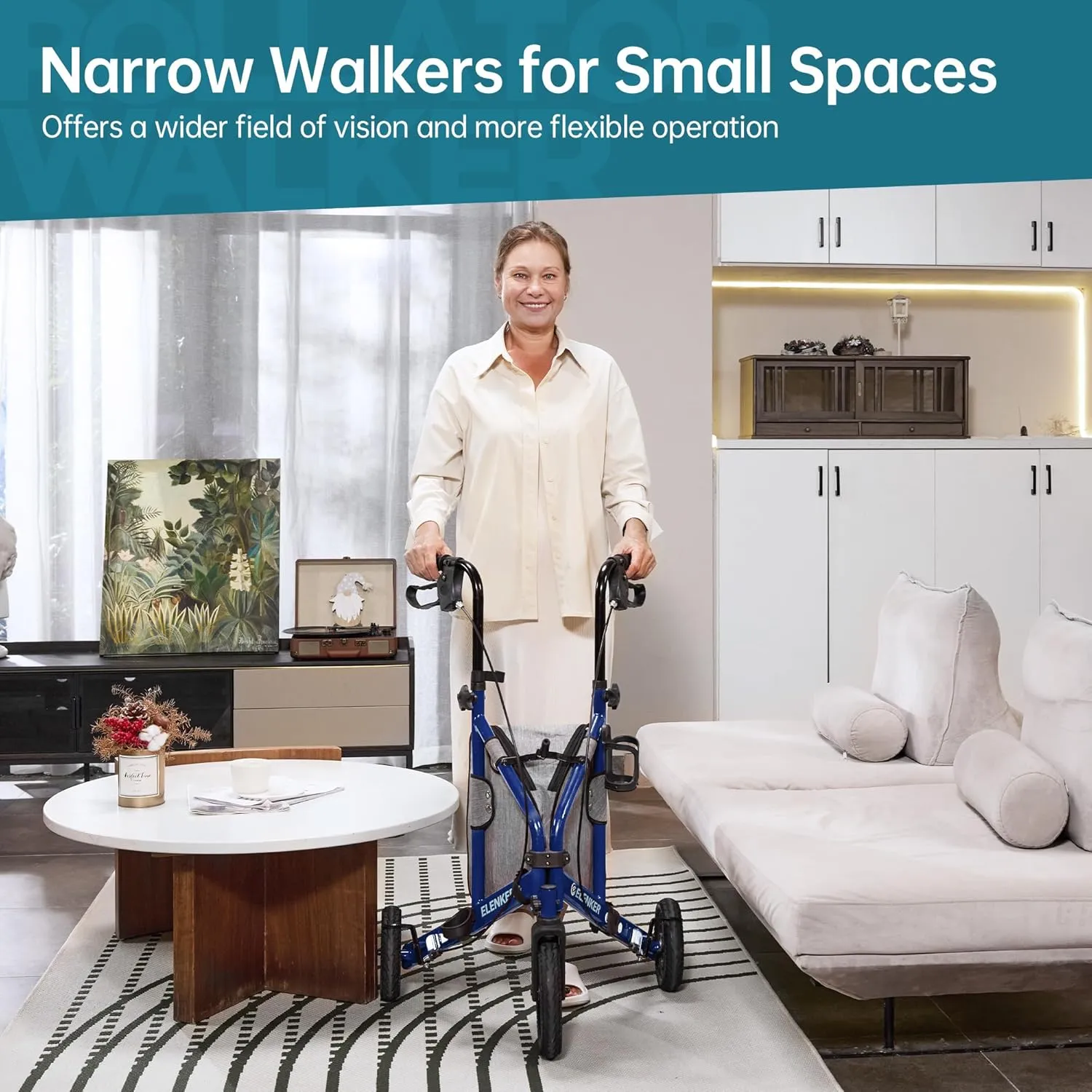 ELENKER All Terrain 3 Wheel Walkers for Seniors, 3 Wheeled Rollator with 10” Wheels, Narrow Walkers for Small Spaces, Compact Folding, Ideal for Traveling, Blue