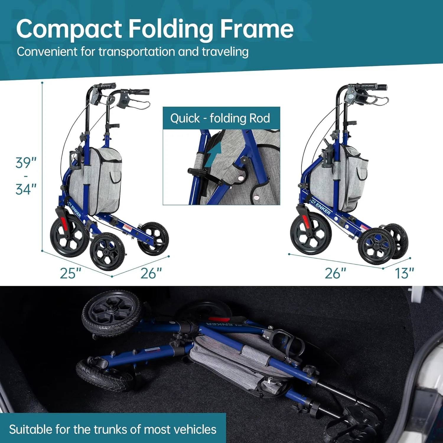 ELENKER All Terrain 3 Wheel Walkers for Seniors, 3 Wheeled Rollator with 10” Wheels, Narrow Walkers for Small Spaces, Compact Folding, Ideal for Traveling, Blue