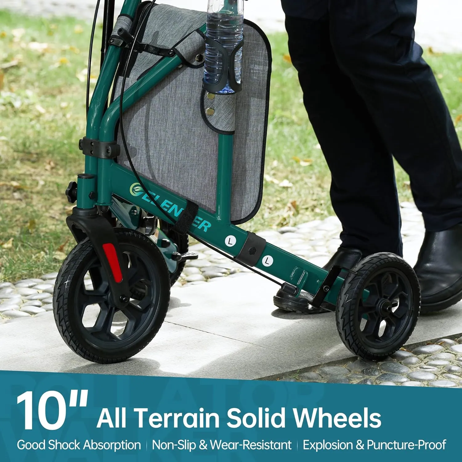 ELENKER All Terrain 3 Wheel Walkers for Seniors, 3 Wheeled Rollator with 10” Wheels, Narrow Walkers for Small Spaces, Compact Folding, Ideal for Traveling, Green