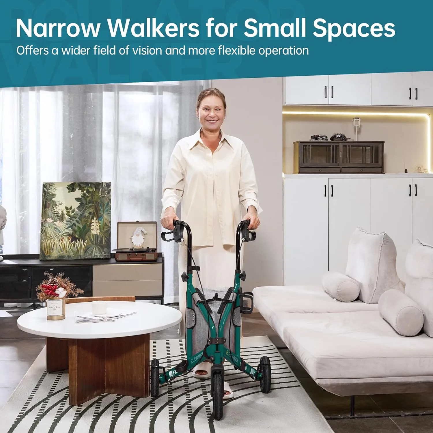 ELENKER All Terrain 3 Wheel Walkers for Seniors, 3 Wheeled Rollator with 10” Wheels, Narrow Walkers for Small Spaces, Compact Folding, Ideal for Traveling, Green