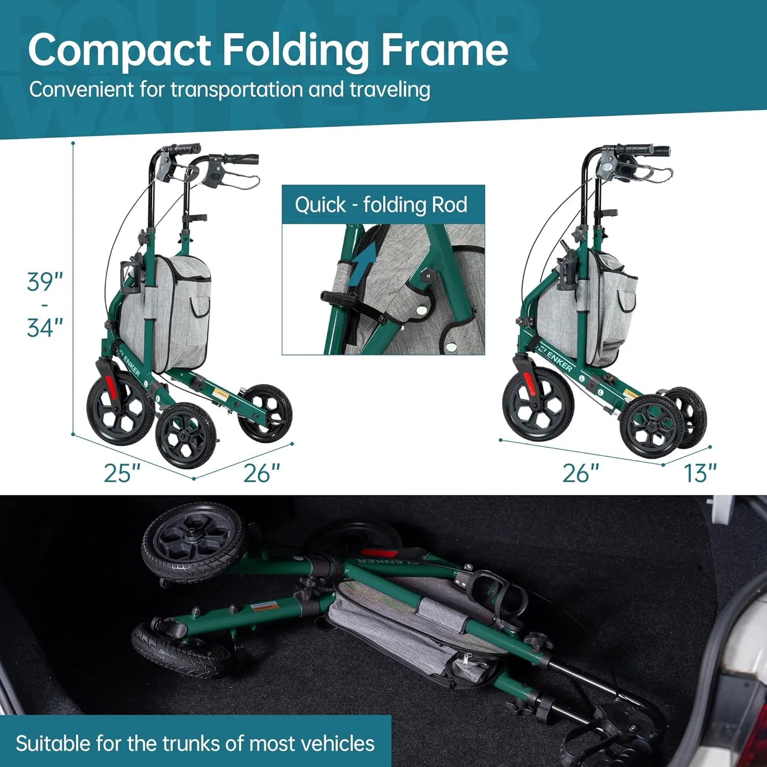 ELENKER All Terrain 3 Wheel Walkers for Seniors, 3 Wheeled Rollator with 10” Wheels, Narrow Walkers for Small Spaces, Compact Folding, Ideal for Traveling, Green