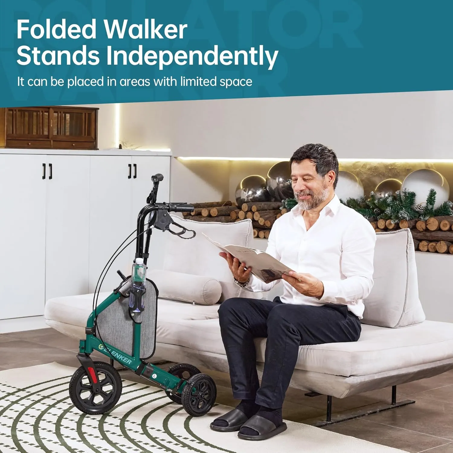 ELENKER All Terrain 3 Wheel Walkers for Seniors, 3 Wheeled Rollator with 10” Wheels, Narrow Walkers for Small Spaces, Compact Folding, Ideal for Traveling, Green