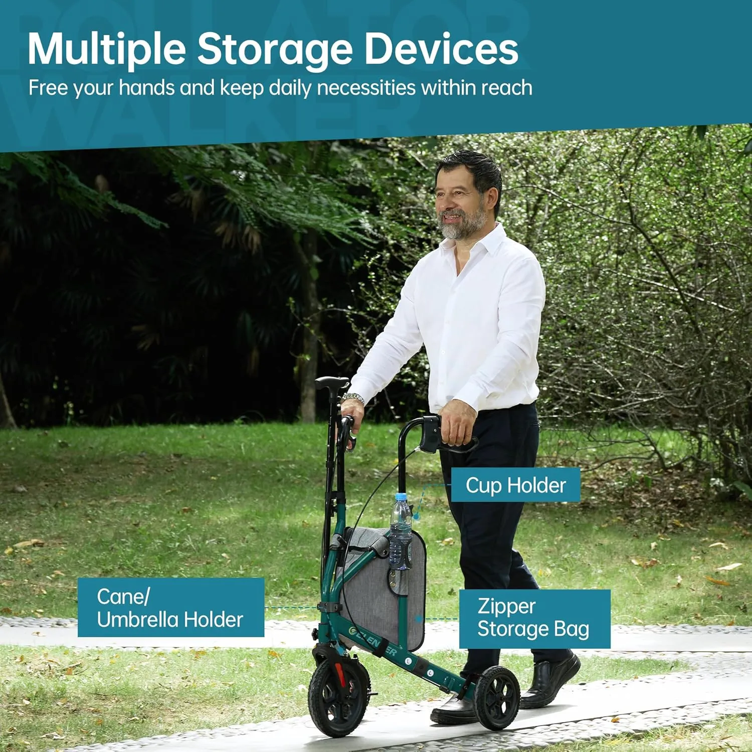 ELENKER All Terrain 3 Wheel Walkers for Seniors, 3 Wheeled Rollator with 10” Wheels, Narrow Walkers for Small Spaces, Compact Folding, Ideal for Traveling, Green