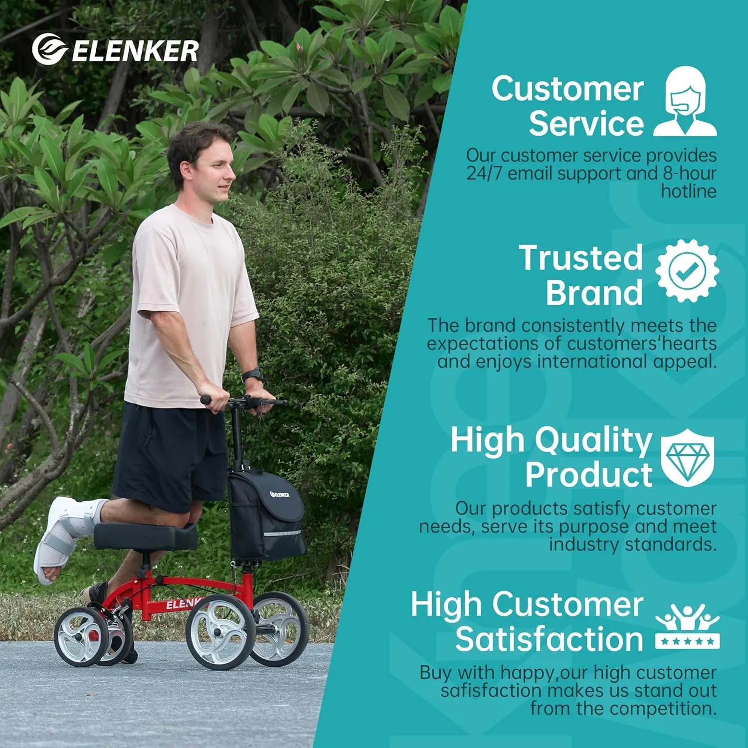 ELENKER Steerable Knee Scooter, Foldable Knee Walker with Basket Dual Braking System, Knee Scooters for or Angle and Injured Foot Broken Red