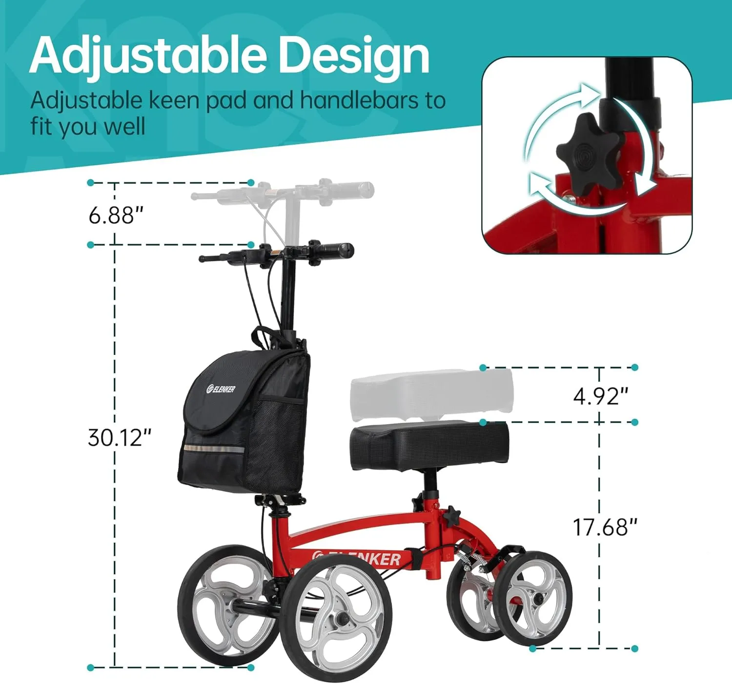 ELENKER Steerable Knee Scooter, Foldable Knee Walker with Basket Dual Braking System, Knee Scooters for or Angle and Injured Foot Broken Red
