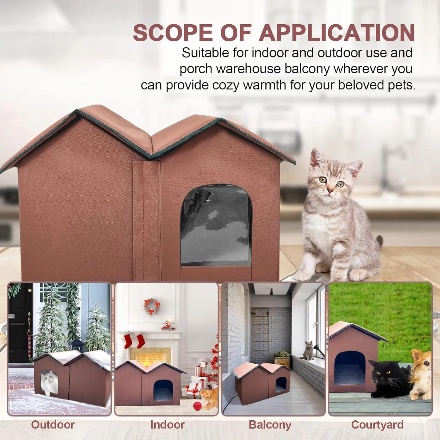 Elevated Heated Cat House for Outside Winter, Addition of rain-Proof Eaves，Waterproof & Insulated Feral Cat Shelter with Heater. (Coffee Color, Large)