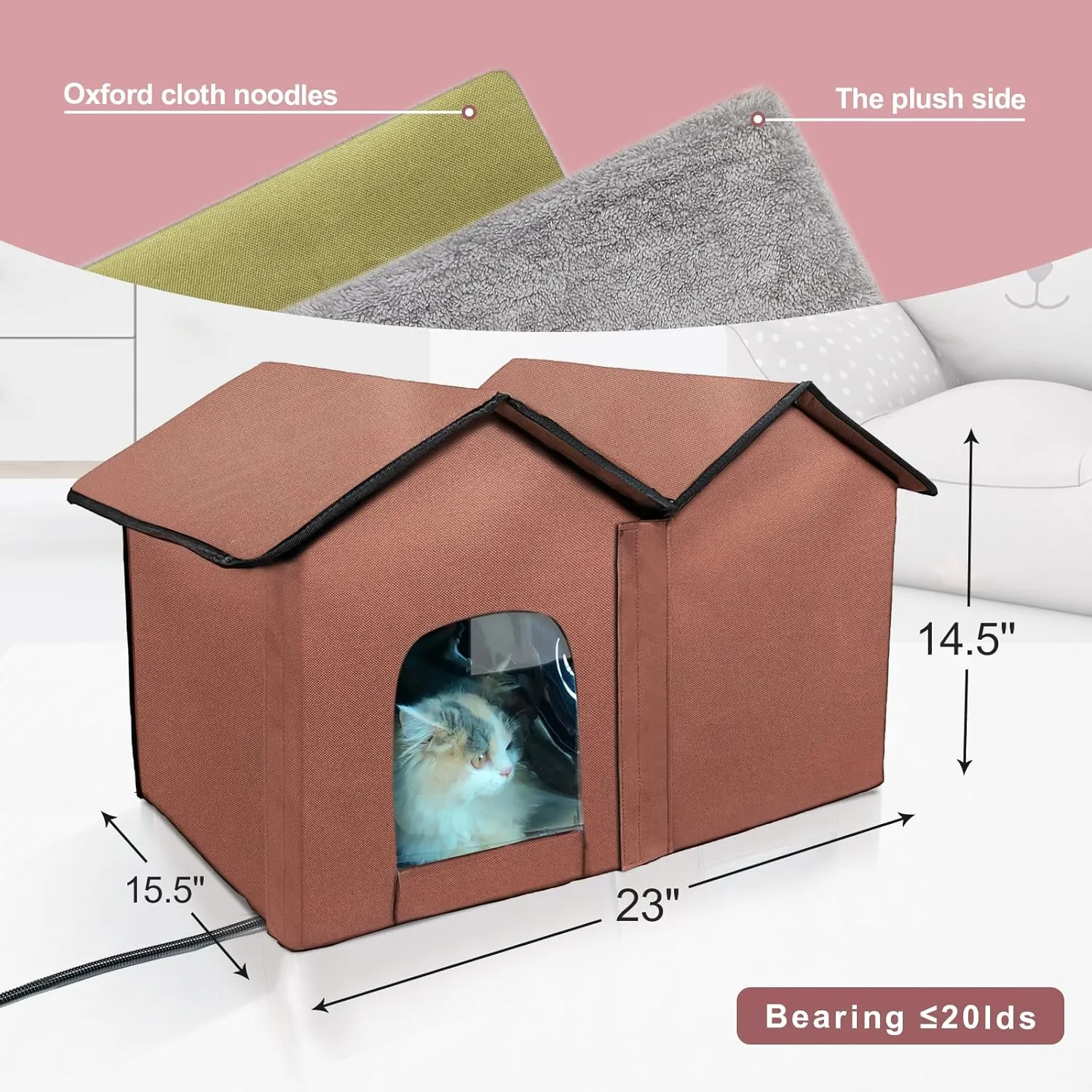 Elevated Heated Cat House for Outside Winter, Addition of rain-Proof Eaves，Waterproof & Insulated Feral Cat Shelter with Heater. (Coffee Color, Large)