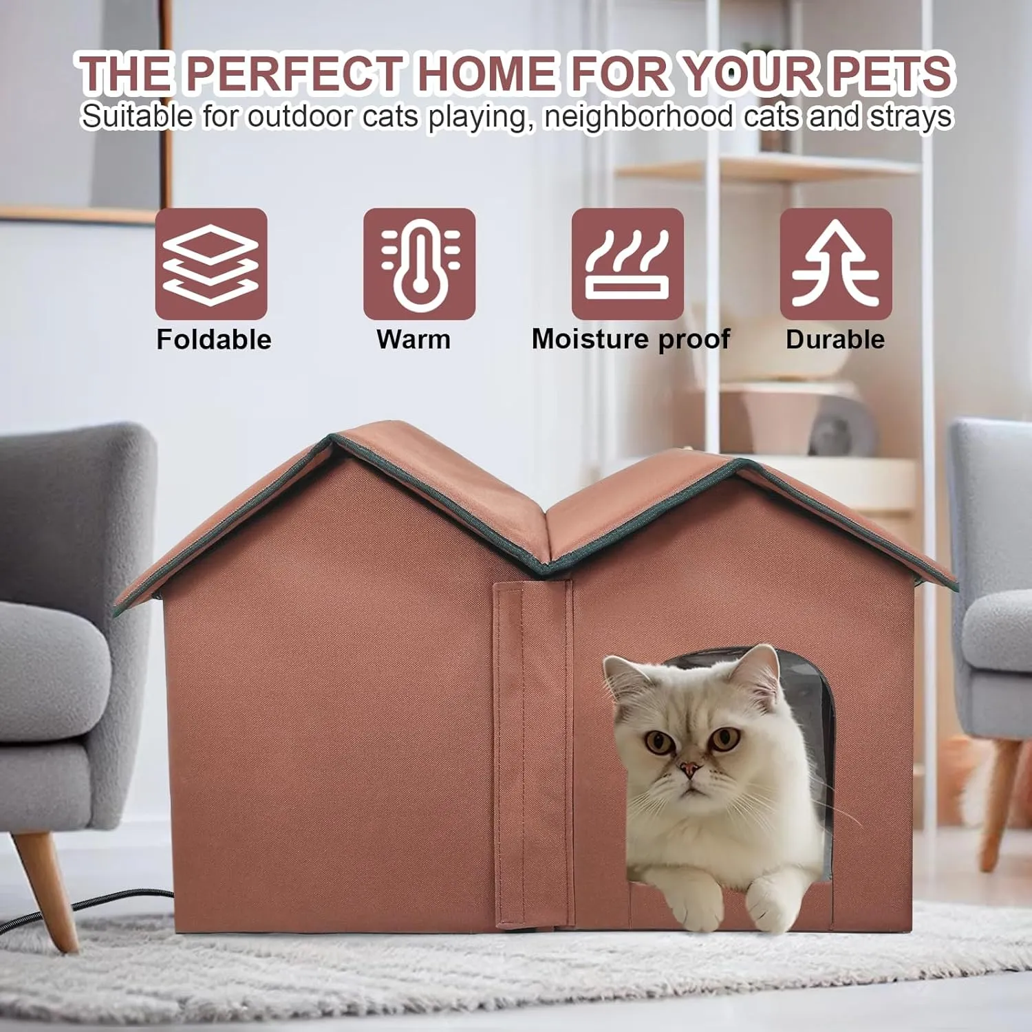 Elevated Heated Cat House for Outside Winter, Addition of rain-Proof Eaves，Waterproof & Insulated Feral Cat Shelter with Heater. (Coffee Color, Large)