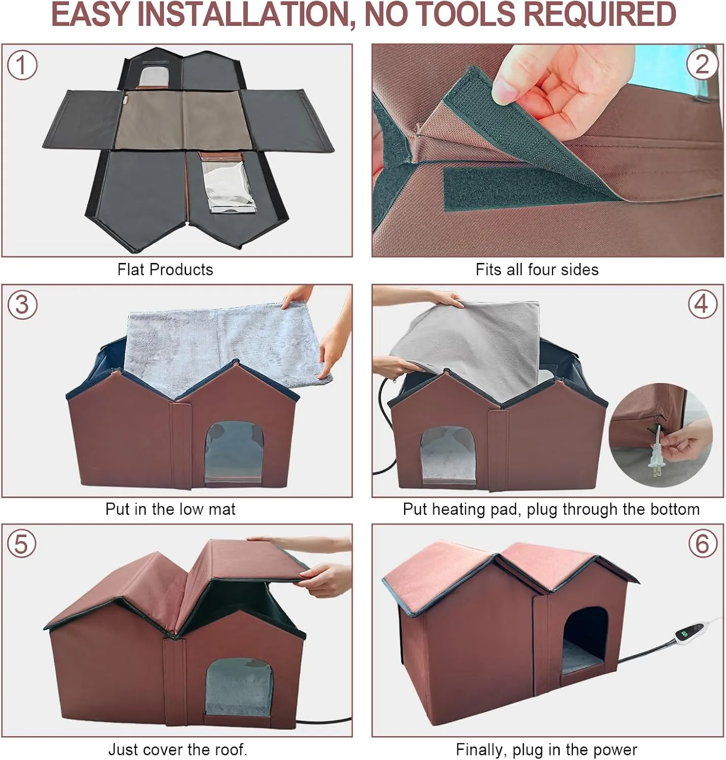 Elevated Heated Cat House for Outside Winter, Addition of rain-Proof Eaves，Waterproof & Insulated Feral Cat Shelter with Heater. (Coffee Color, Large)