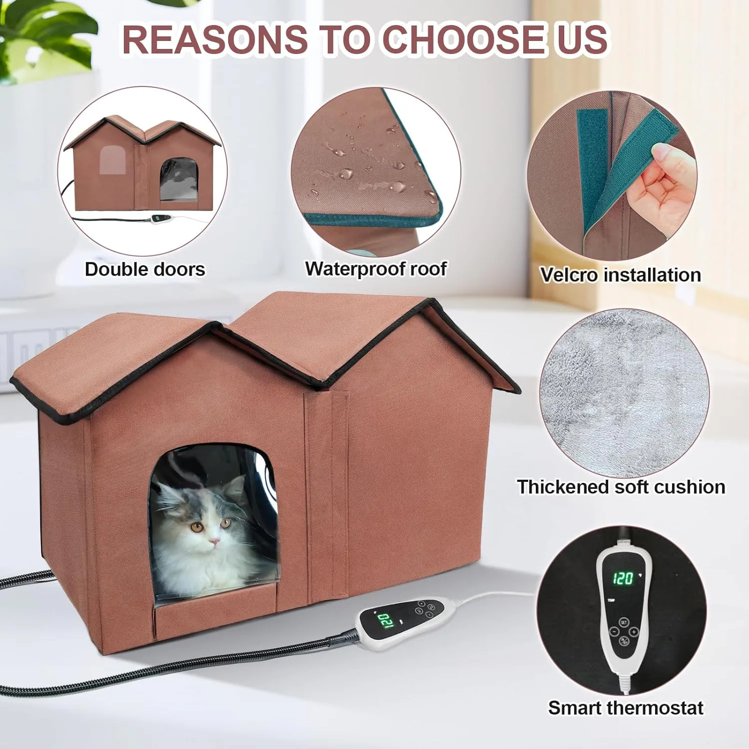 Elevated Heated Cat House for Outside Winter, Addition of rain-Proof Eaves，Waterproof & Insulated Feral Cat Shelter with Heater. (Coffee Color, Large)