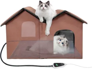 Elevated Heated Cat House for Outside Winter, Addition of rain-Proof Eaves，Waterproof & Insulated Feral Cat Shelter with Heater. (Coffee Color, Large)