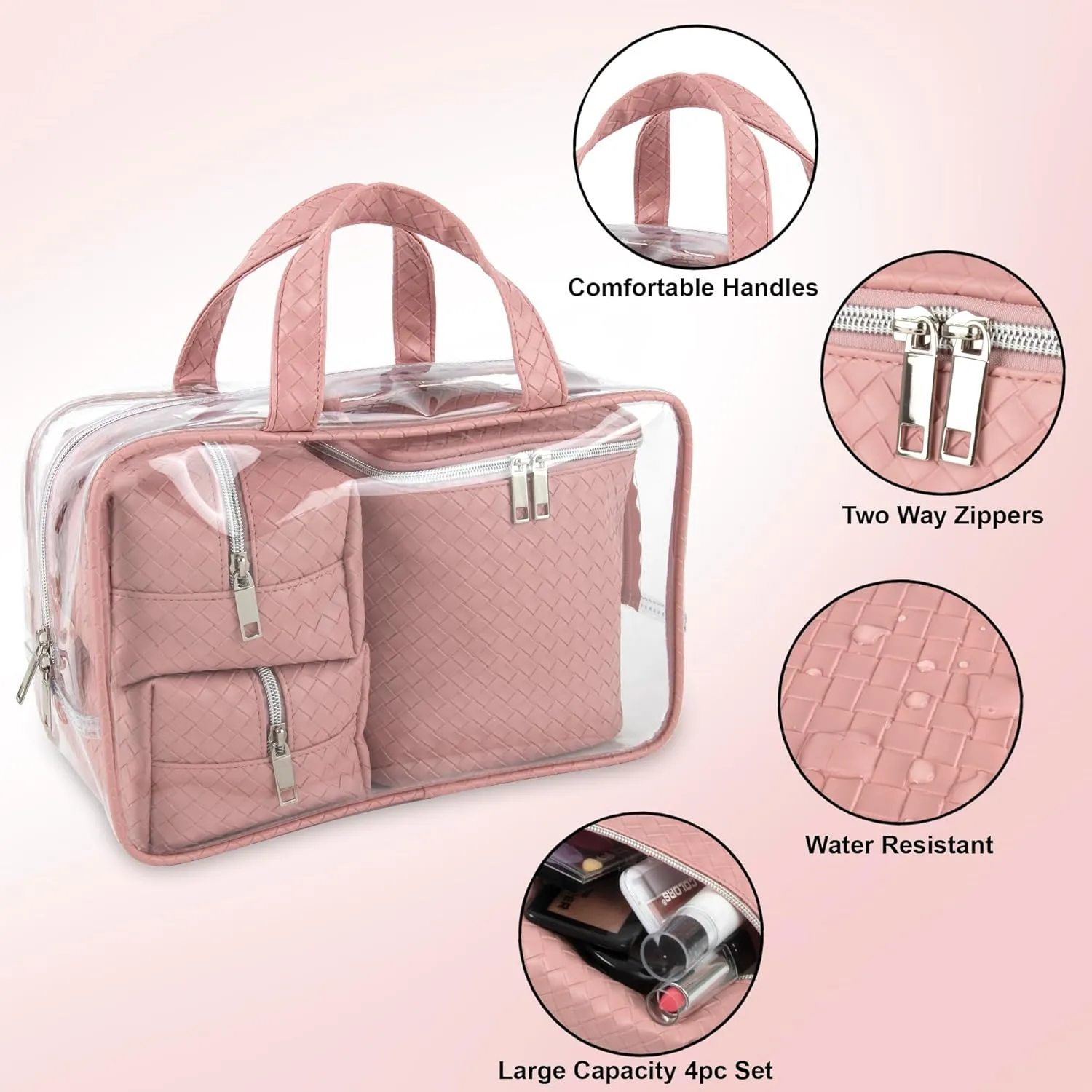 Emma & Chloe Travel Toiletry Bags for Women, 4 Piece Large Waterproof Cosmetic Case Set, Pouch Makeup Organizer Bags for Women, with Handle (Pretty Woven Pink)