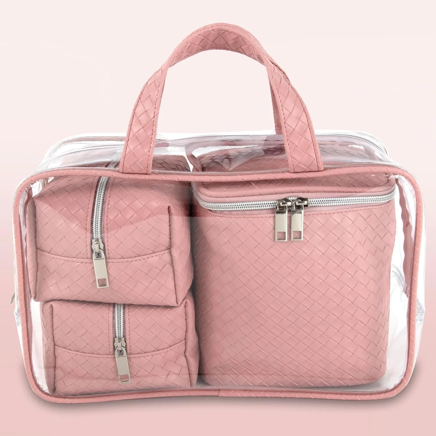 Emma & Chloe Travel Toiletry Bags for Women, 4 Piece Large Waterproof Cosmetic Case Set, Pouch Makeup Organizer Bags for Women, with Handle (Pretty Woven Pink)