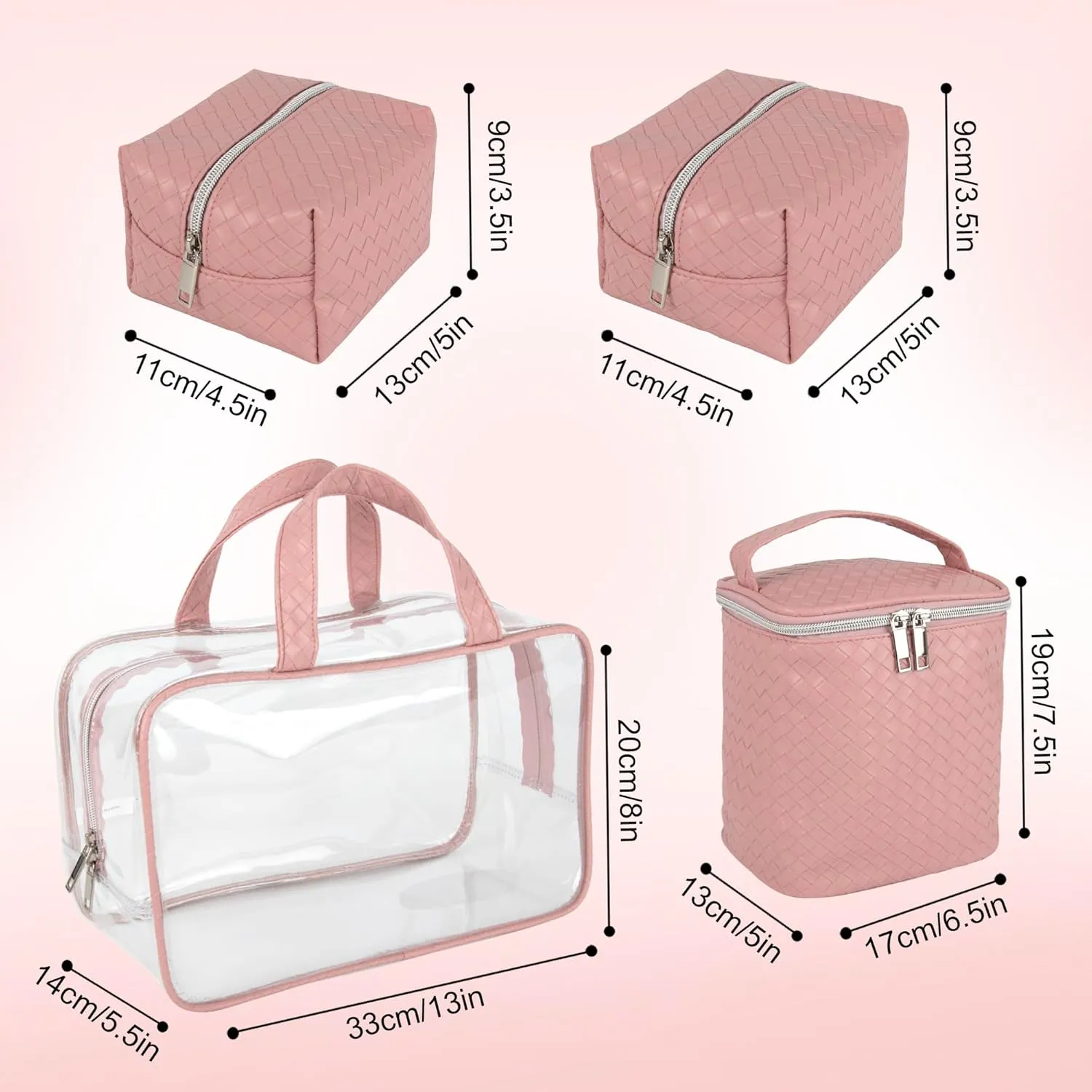 Emma & Chloe Travel Toiletry Bags for Women, 4 Piece Large Waterproof Cosmetic Case Set, Pouch Makeup Organizer Bags for Women, with Handle (Pretty Woven Pink)