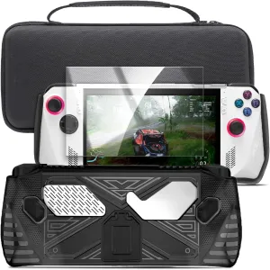 ENCASED Accessories Set for Asus ROG Ally - Handheld Kickstand Case with Hardshell Carrying Bag and Tempered Glass Screen Protector (Black)