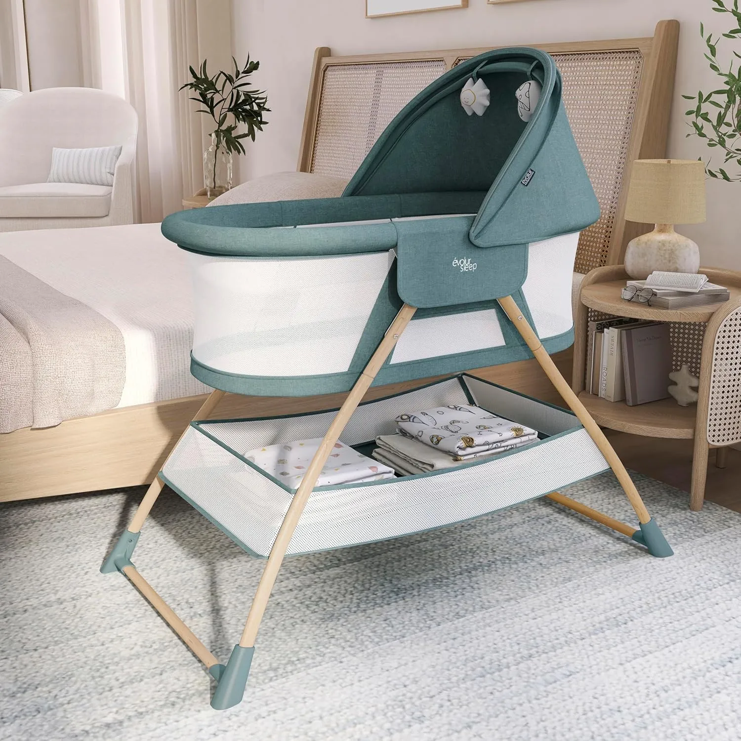 Evolur Cozy Dreamer Bassinet in Green, Baby Bassinet Comes with Mosquito Net & Canopy, with Spacious Storage, Lightweight, Foldable, Easy to Carry