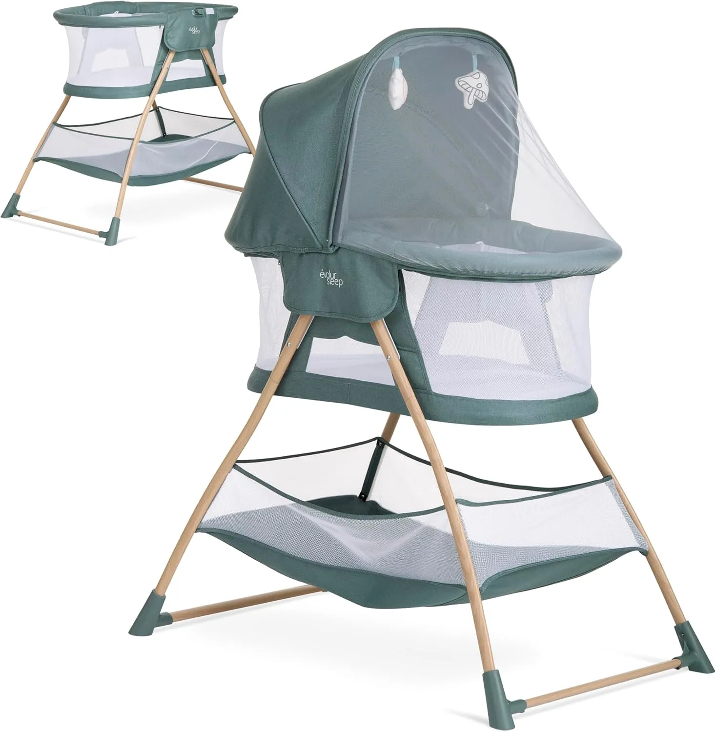 Evolur Cozy Dreamer Bassinet in Green, Baby Bassinet Comes with Mosquito Net & Canopy, with Spacious Storage, Lightweight, Foldable, Easy to Carry