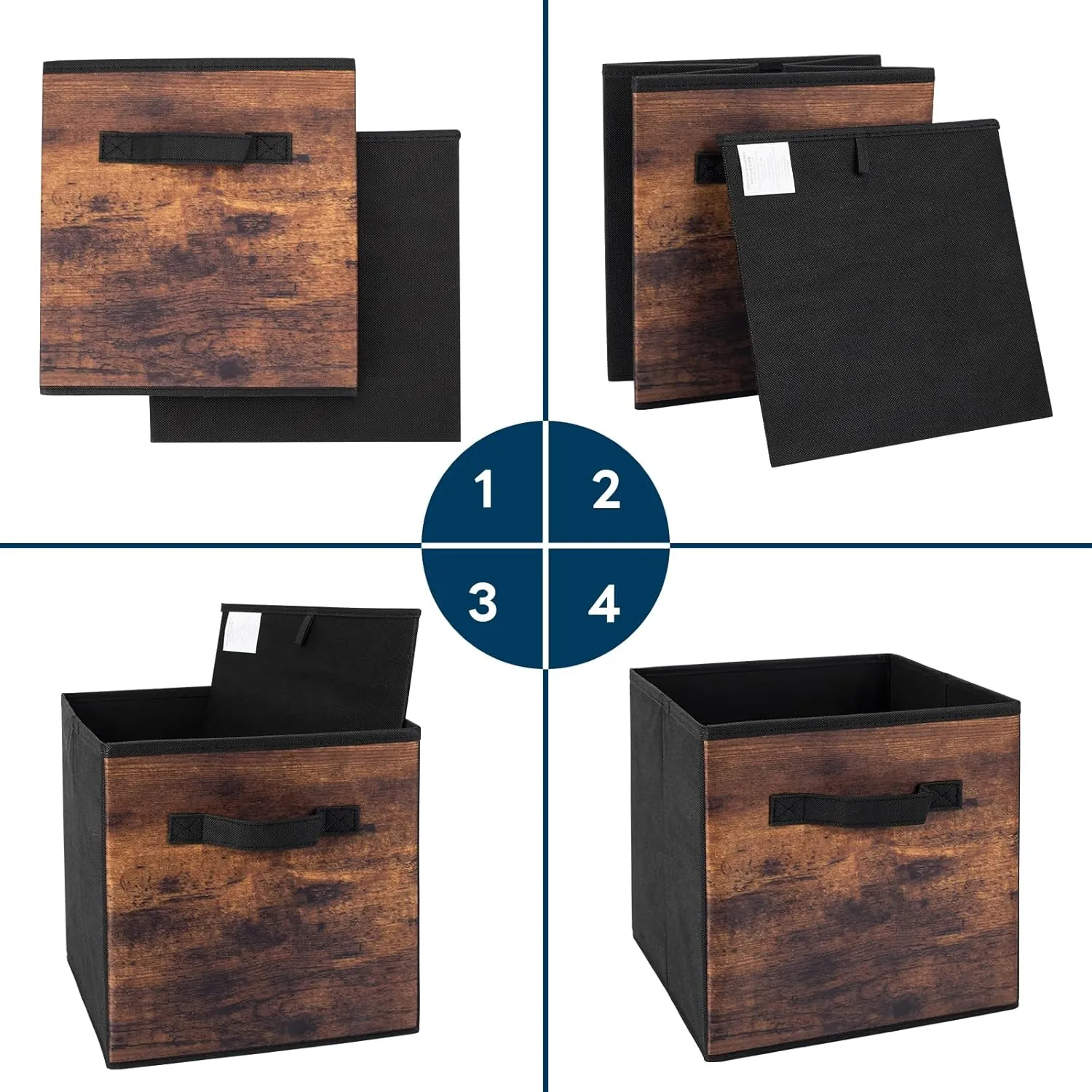 EWES 11 Inch Fabric Storage Cubes, 6 Pack Foldable Storage Bins with Handle, Storage Baskets Box for Shelves, Closet, Organizer, Brown Black