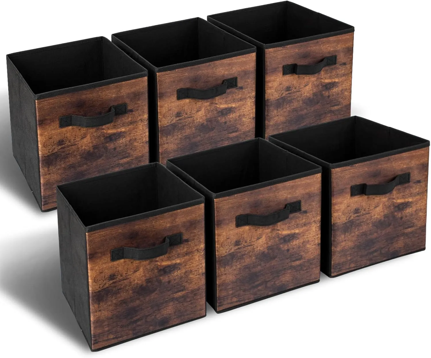 EWES 11 Inch Fabric Storage Cubes, 6 Pack Foldable Storage Bins with Handle, Storage Baskets Box for Shelves, Closet, Organizer, Brown Black