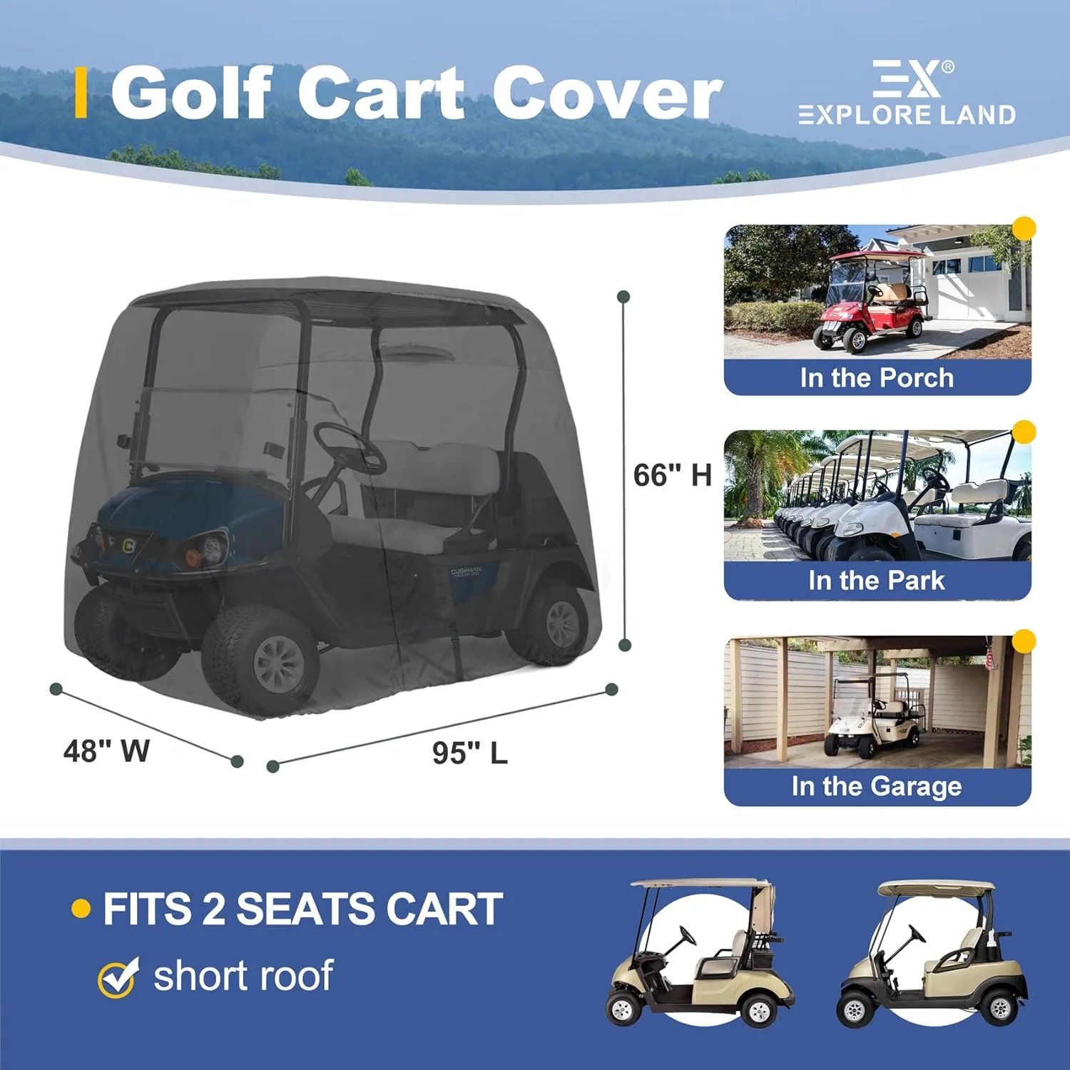 Explore Land 600D Waterproof Golf Cart Cover Universal Fits for Most Brand 2/4/6 Passenger Car (3 Sizes Option)