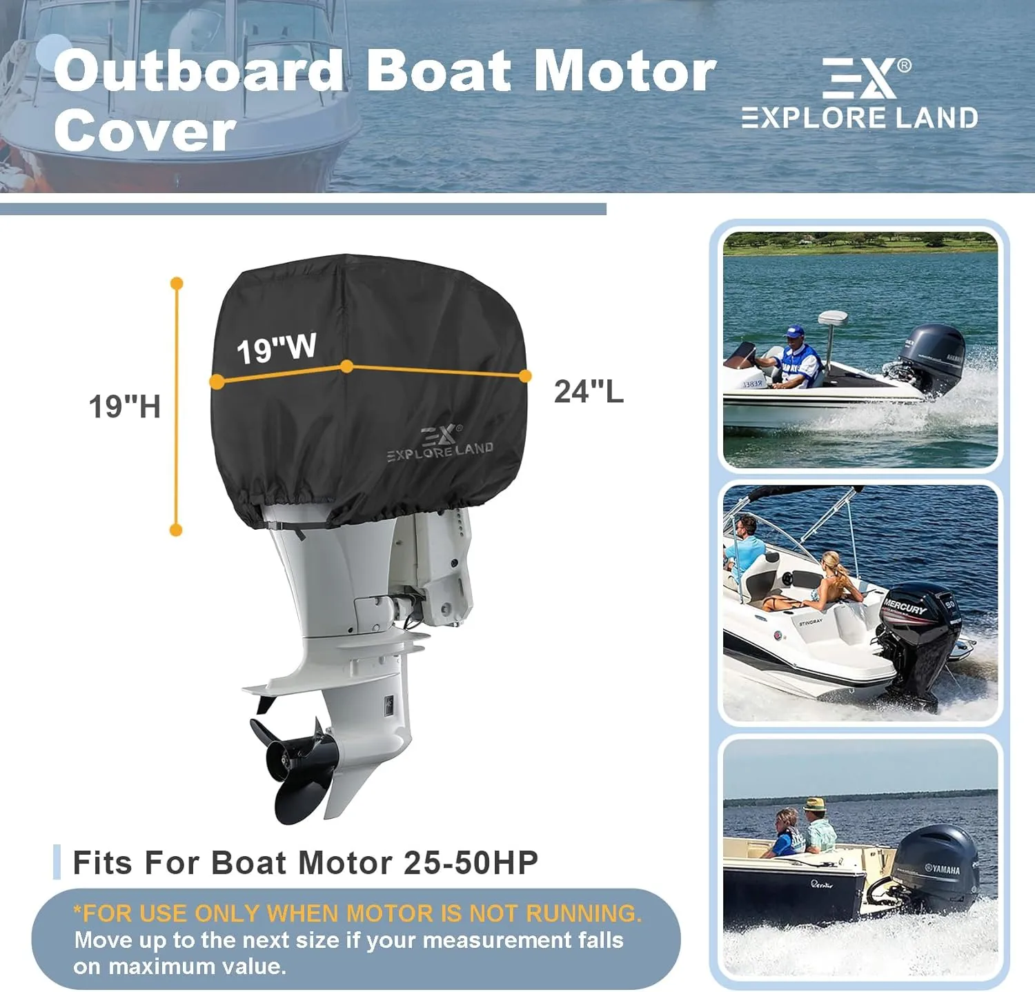 Explore Land Outboard Motor Cover - Waterproof 600D Heavy Duty Boat Engine Hood Covers - Fit for Motor 25-50 HP, Black