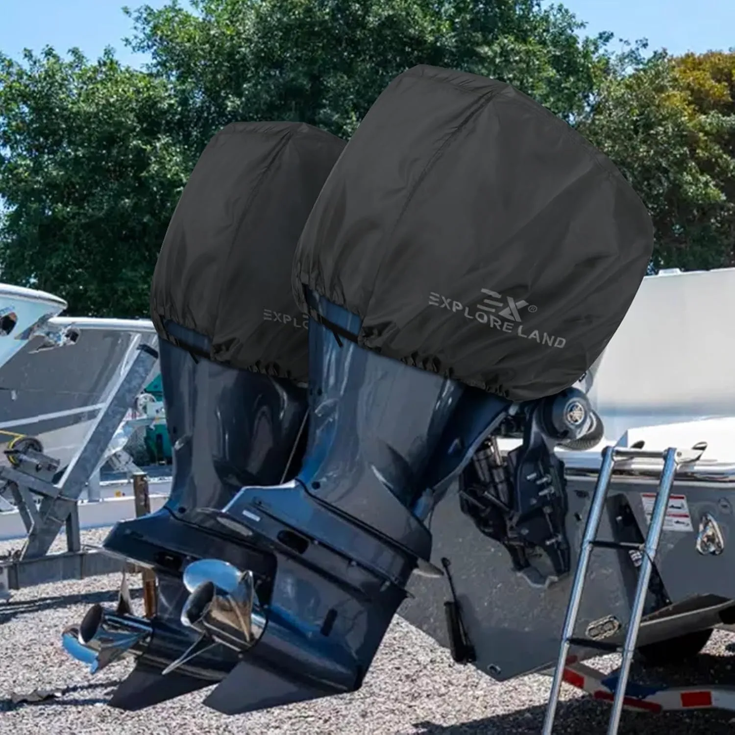 Explore Land Outboard Motor Cover - Waterproof 600D Heavy Duty Boat Engine Hood Covers - Fit for Motor 25-50 HP, Black