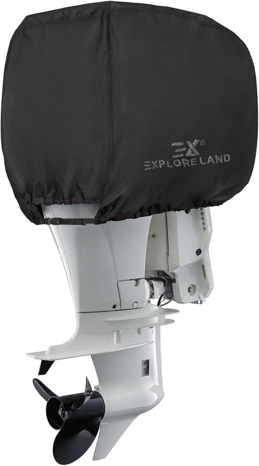 Explore Land Outboard Motor Cover - Waterproof 600D Heavy Duty Boat Engine Hood Covers - Fit for Motor 25-50 HP, Black