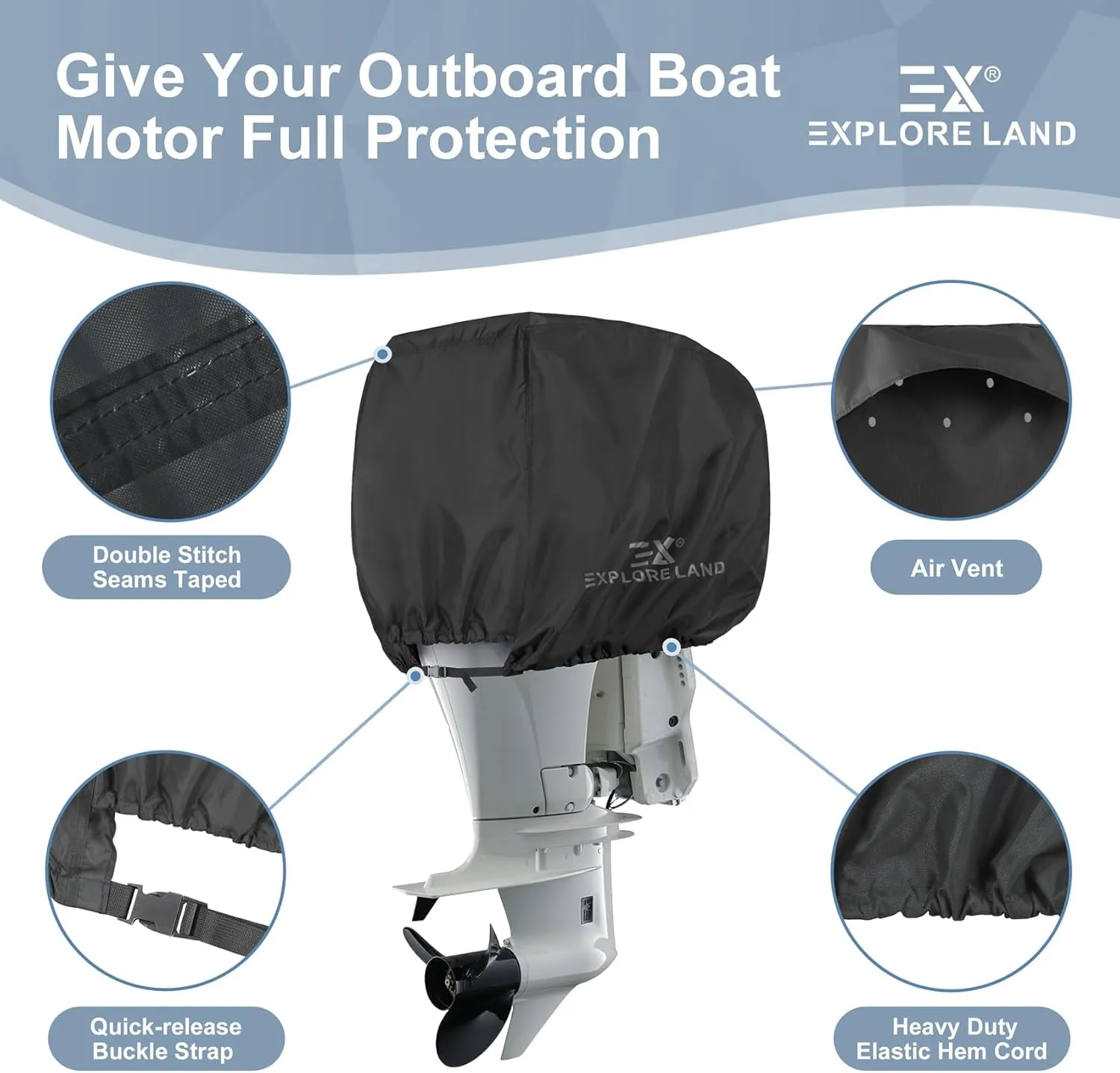 Explore Land Outboard Motor Cover - Waterproof 600D Heavy Duty Boat Engine Hood Covers - Fit for Motor 25-50 HP, Black