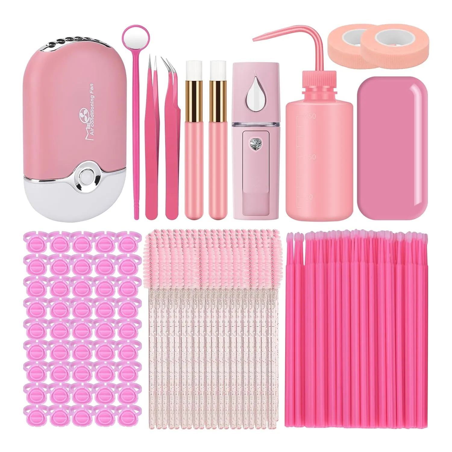 Eyelash Extension Supplies Kit, ATOMUS Pink Mascara Brush Micro Applicator USB Air Conditioning Blower Facial Mister Tweezers Mirror Lash Shampoo Brush Bottle Glue Rings