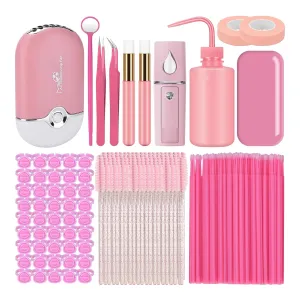 Eyelash Extension Supplies Kit, ATOMUS Pink Mascara Brush Micro Applicator USB Air Conditioning Blower Facial Mister Tweezers Mirror Lash Shampoo Brush Bottle Glue Rings