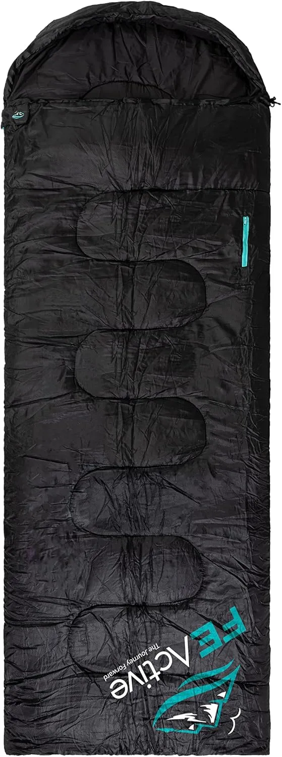 FE Active Camping Sleeping Bag - 3-4 Seasons Extra Long or Lightweight Hooded, Warm Outdoor Compact & Lightweight Sleeping Bag for Camping, Backpacking, Hiking, Travel | Designed in California, USA