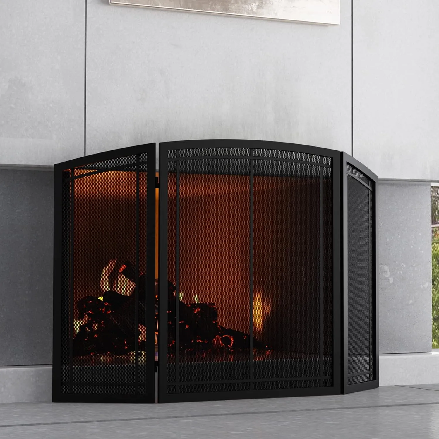 FireBeauty Fireplace Screen 3 Panel Wrought Iron Black Metal 48"(L) x30(H) Spark Guard Cover (Modern)
