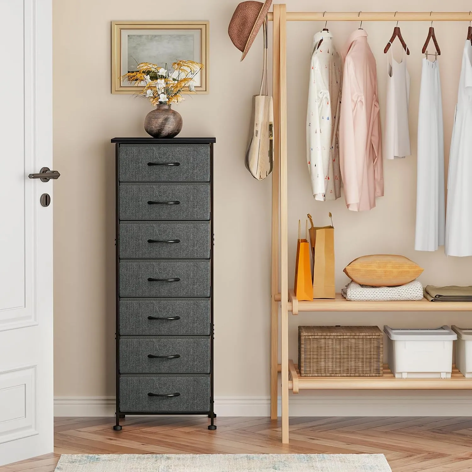 Fixwal Tall Dresser for Bedroom, Storage Dresser Organizer with 7 Fabric Drawers, Nightstand Furniture in Closet, Entryway, Hallway, Dark Grey