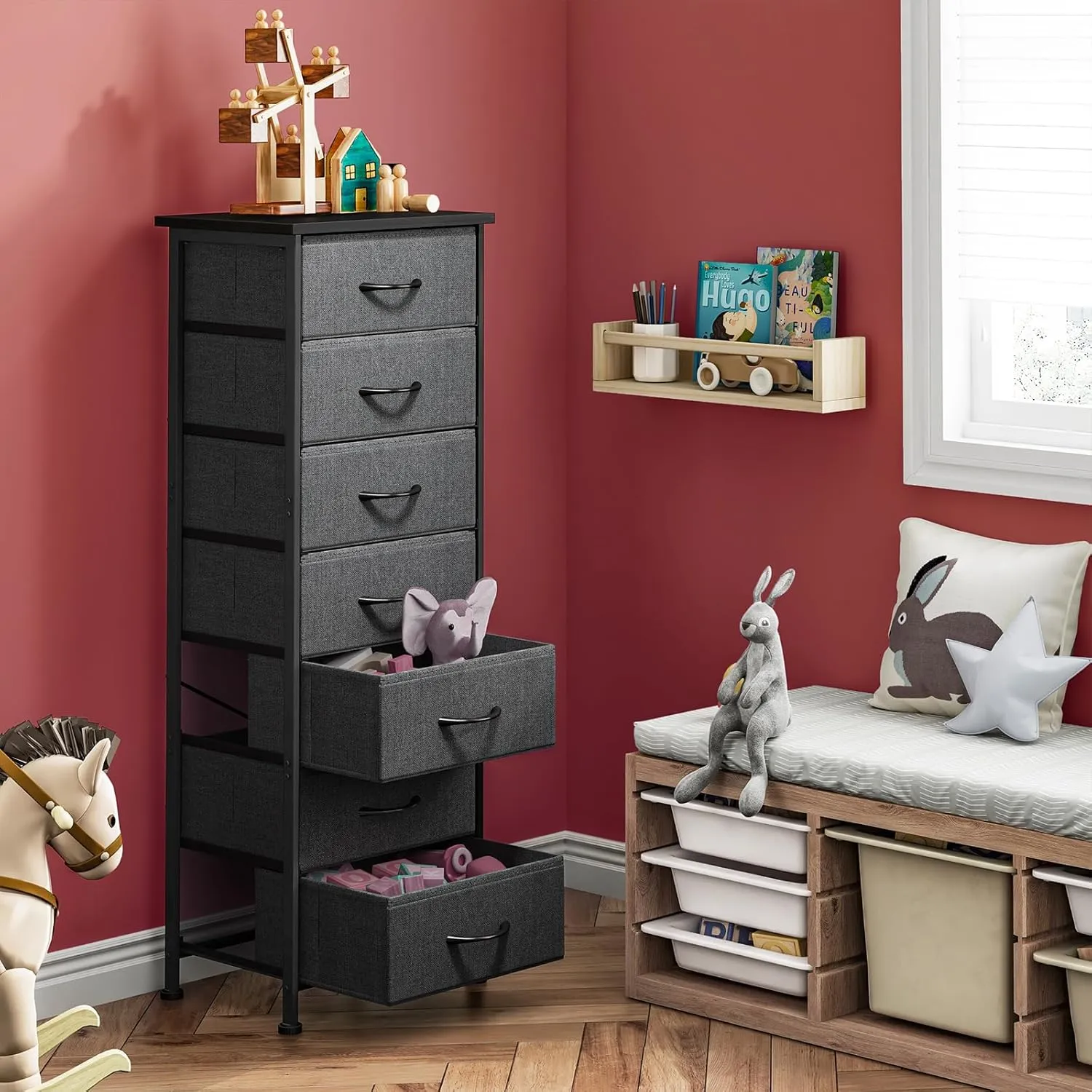 Fixwal Tall Dresser for Bedroom, Storage Dresser Organizer with 7 Fabric Drawers, Nightstand Furniture in Closet, Entryway, Hallway, Dark Grey