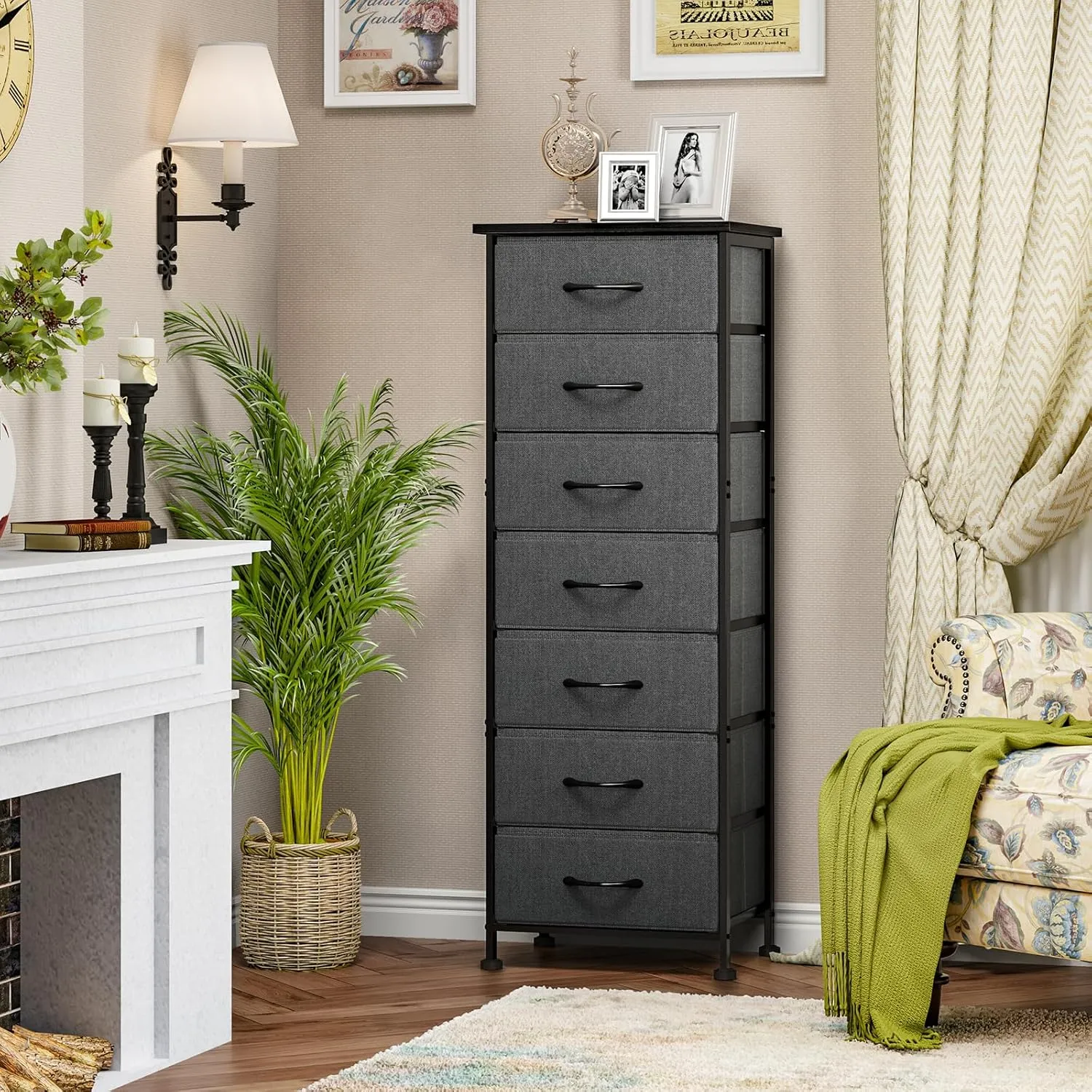Fixwal Tall Dresser for Bedroom, Storage Dresser Organizer with 7 Fabric Drawers, Nightstand Furniture in Closet, Entryway, Hallway, Dark Grey